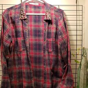Acid Wash Flannel Button Down w/ Jeweled Collar